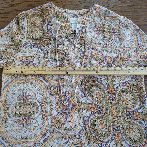 Chico's Paisley long tab sleeve asymmetrical orange‎ green cream tunic sz 1 sz 8 - Picture 16 of 16